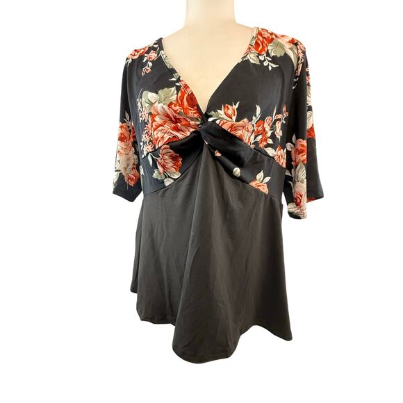 Shein Curve 2XL Black & Floral print v-neck women's top blouse flowing bottom - Picture 1 of 11